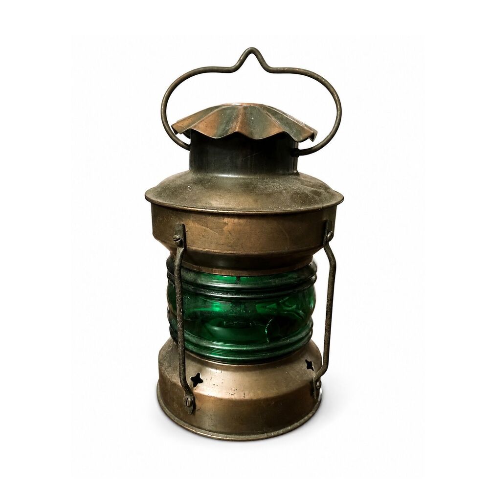 Vintage Brass Metal Oil Lantern w/ Green Glass Globe